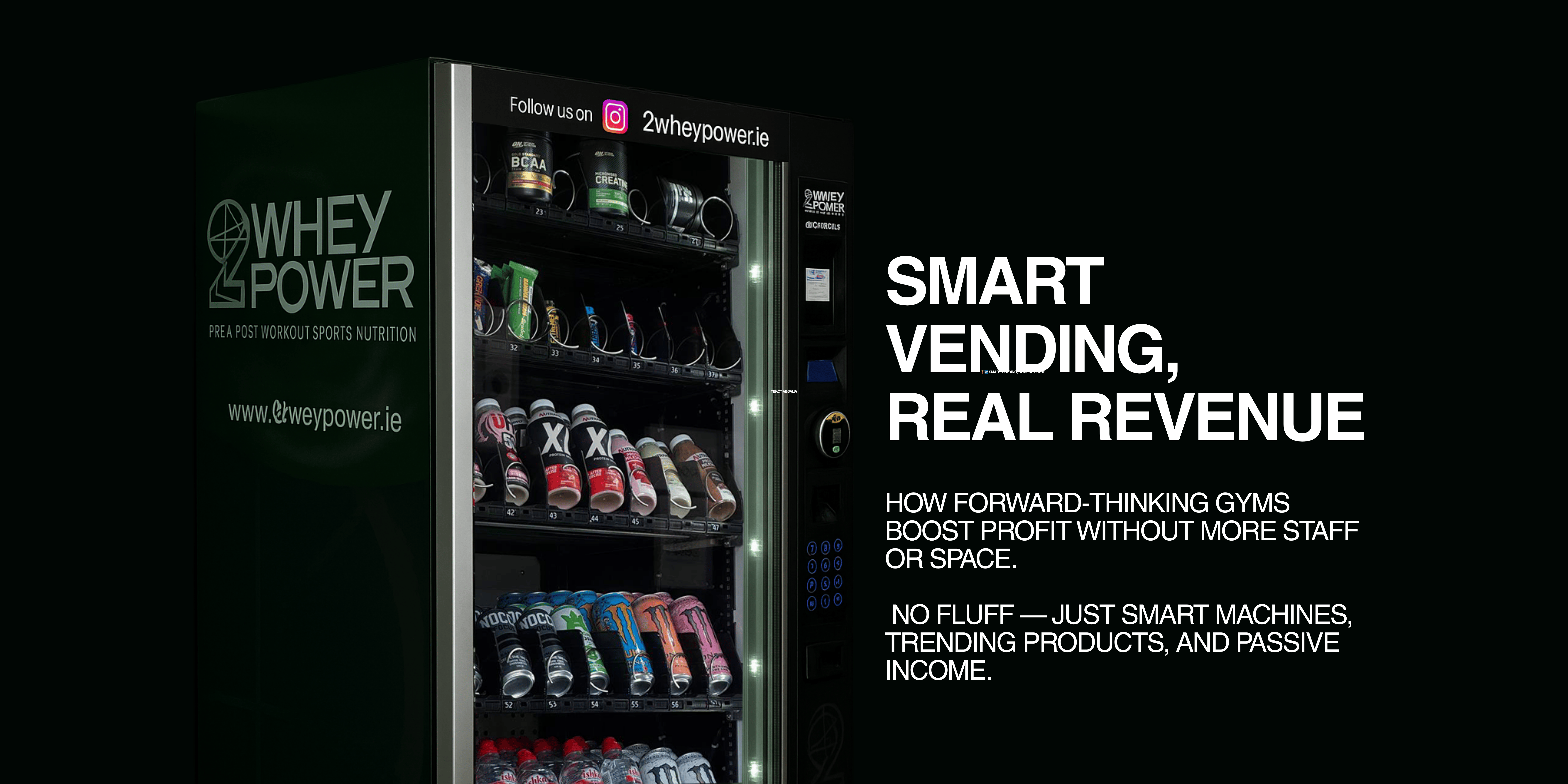 Smart vending machine banner for gyms – boost revenue with 2WheyPower.
