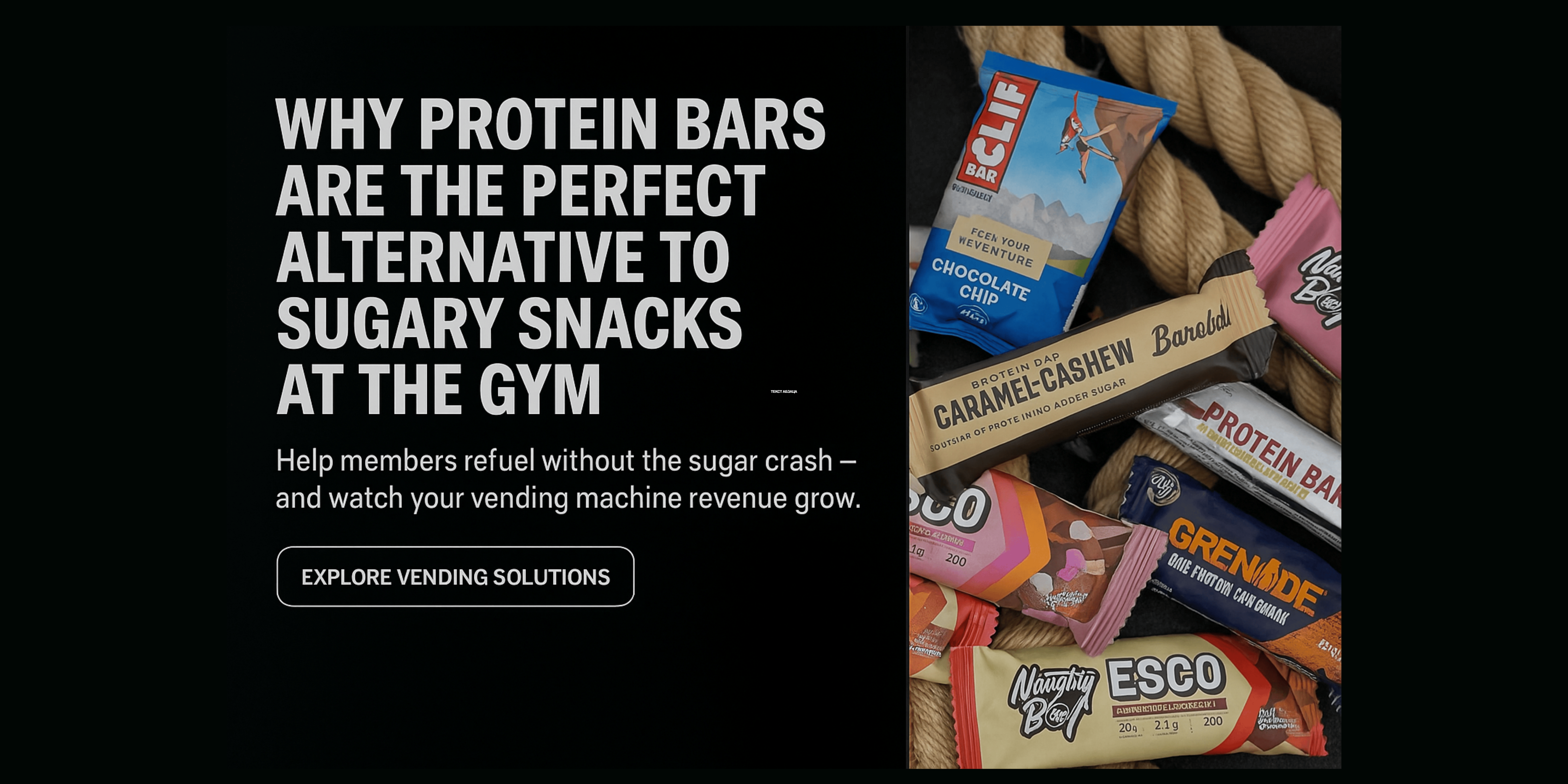 Assorted protein bars for gym vending machines displayed on rope — featured in 2WheyPower campaign about healthy snacking.